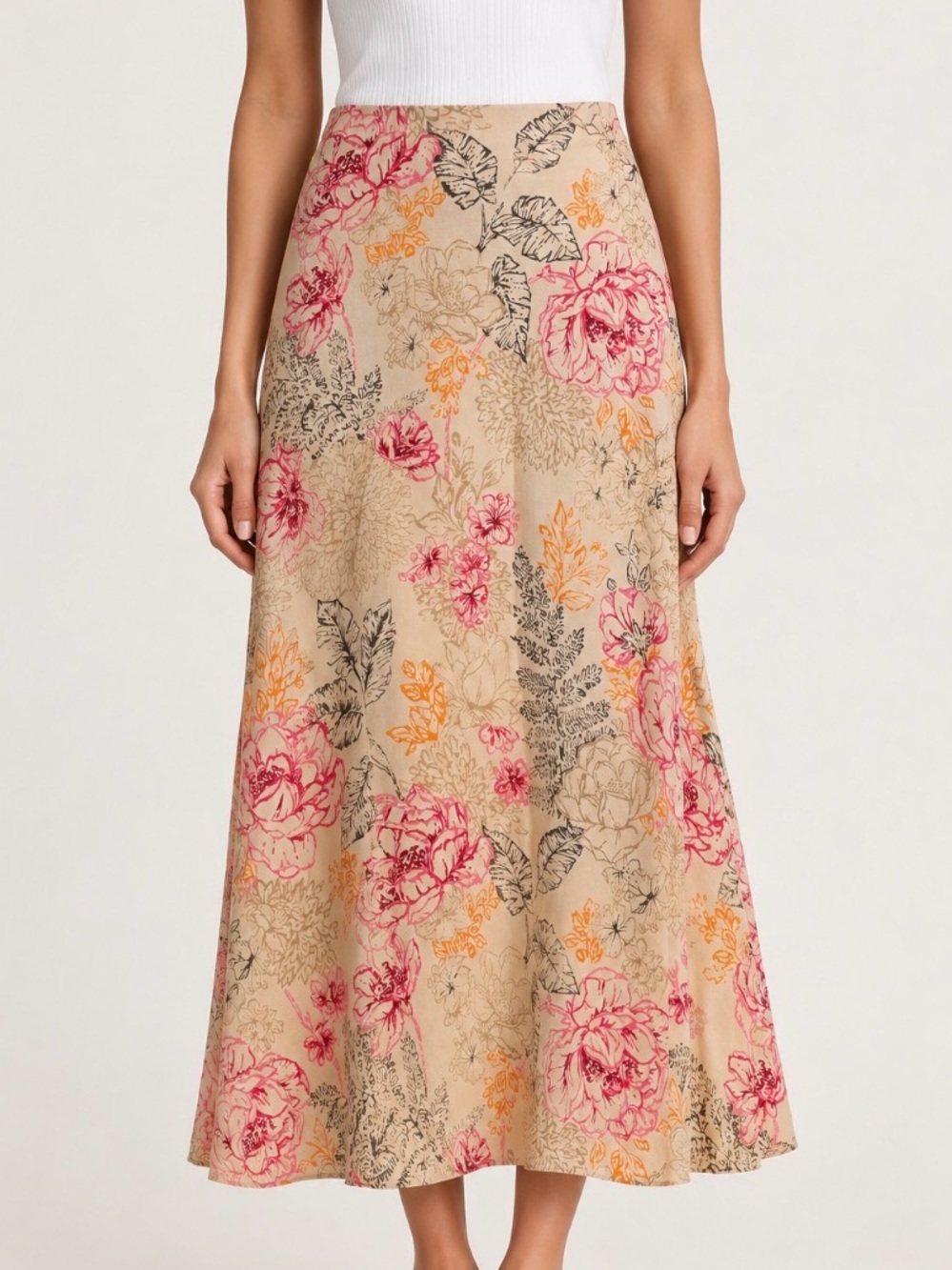 Liz Claiborne Beige Floral Print A-Line Midi Maxi Skirt Size M